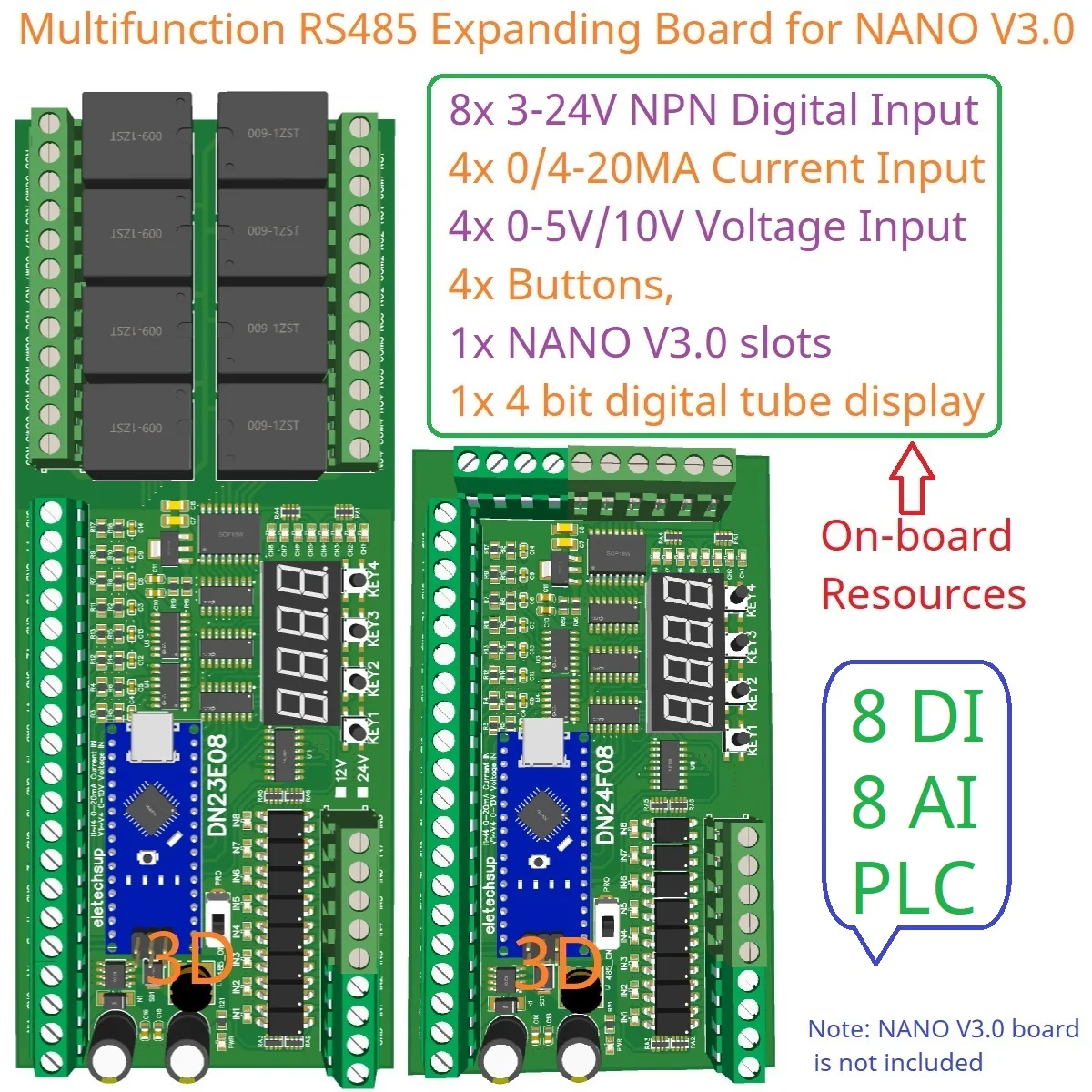 8AI-8DI-8DO Многофункциональная Плата расширения Ввода-вывода для ARDUINO NANO V3.0 RS485 Modbus RTU Открытый ПЛК Светодиодный Датчик Тока Напряжения