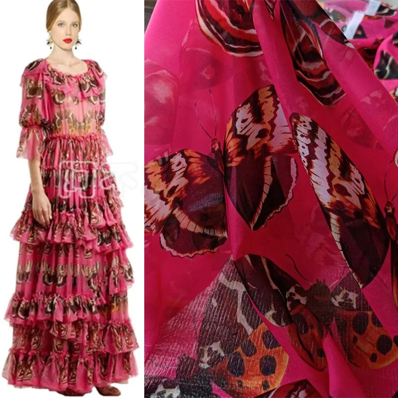 Высококачественная модная ткань из шифона с розовой подошвой и принтом бабочки, ткань для платья ручной работы, дизайнерский материал 