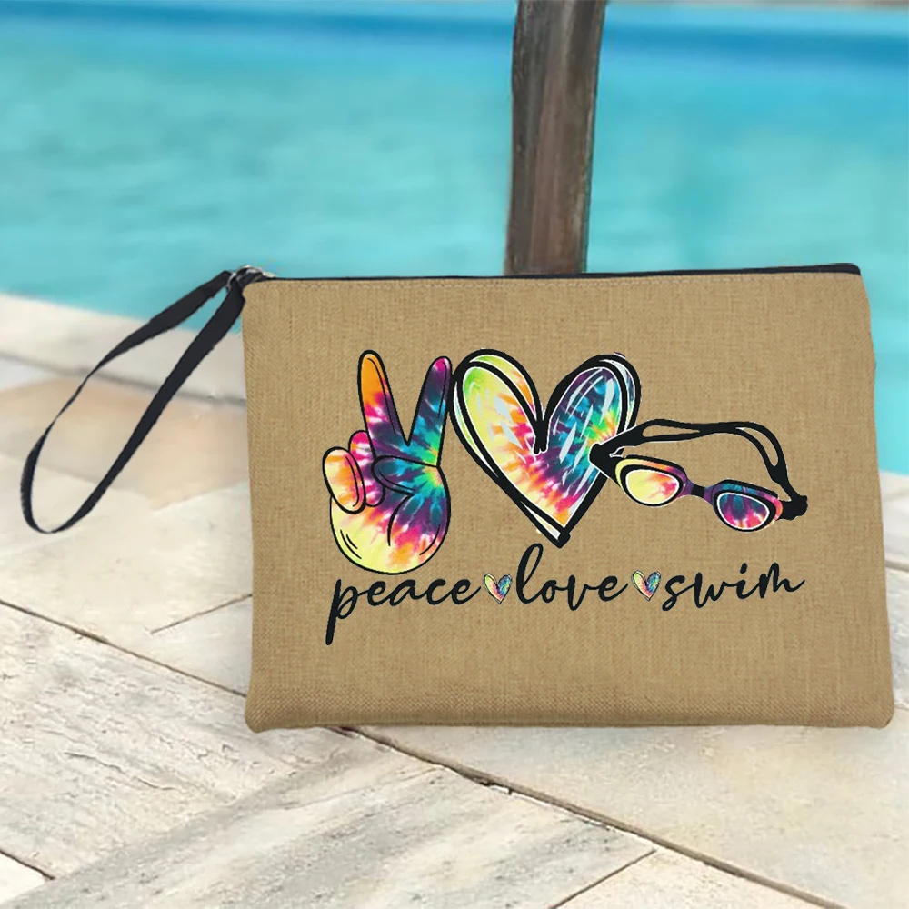 Peace Love Swim Женская Сумочка-клатч, Косметички, Сумка для макияжа, Туалетная сумка, Модные сумки на молнии, Лучший подарок для пляжного отдыха