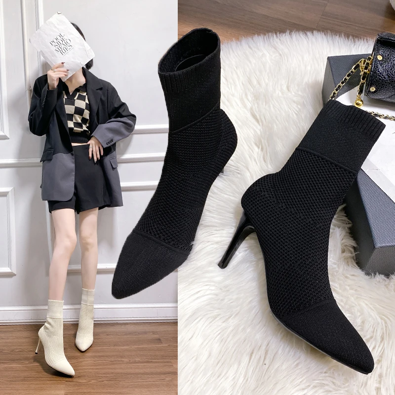 Пикантные сапоги-носочки, вязаные эластичные сапоги на высоком каблуке для женщин, модная обувь 2022 года, демисезонные ботильоны, женский размер 42