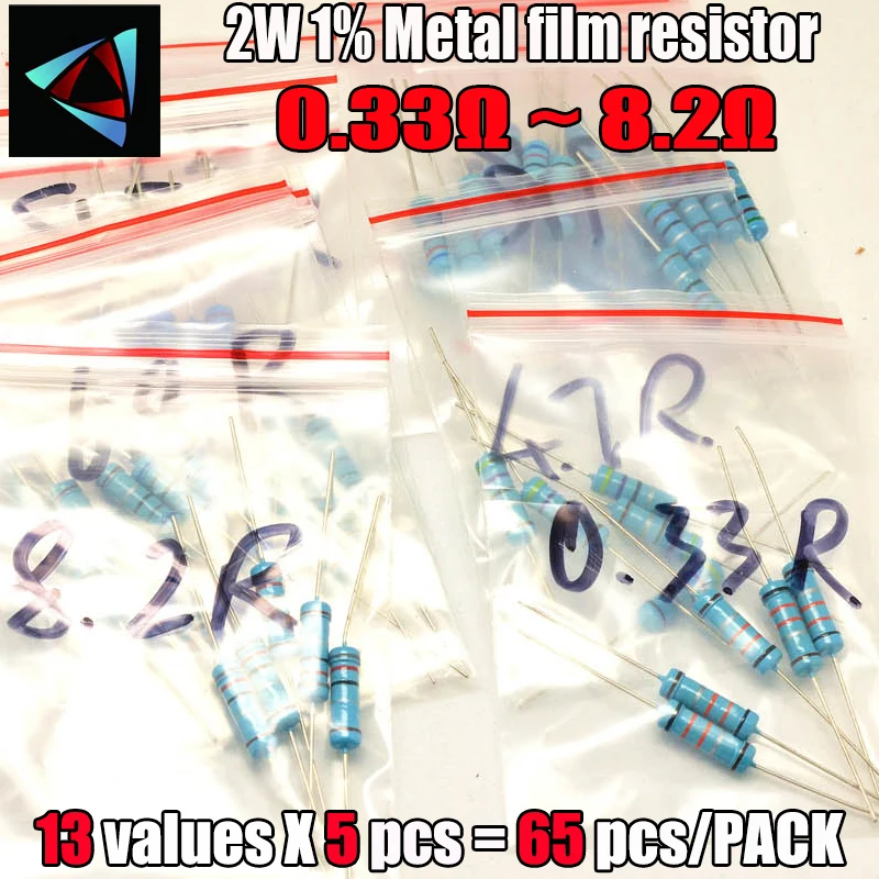 0,33 R-8,2 R Ом 2 Вт 1% погружной металлический пленочный резистор, 13 значений x5шт = 65шт, Набор РЕЗИСТОРОВ в ассортименте