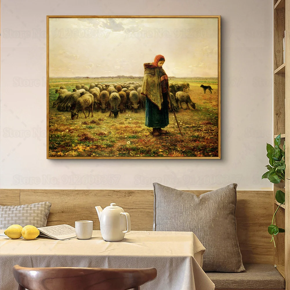 Пастушка со Своим Стадом Картина на Холсте Жан Франсуа Милле Сельская Жизнь Плакат Настенный Художественный Декор