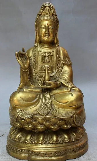 13-дюймовый Китайский Латунный Храмовый Молитвенный Горшок Kwan-yin GuanYin Статуя Богини Будды на сиденье
