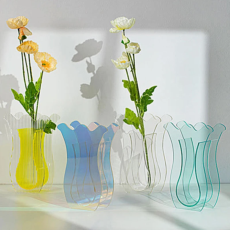 Минималистичные креативные вазы в форме тюльпана, красочные прозрачные акриловые геометрические вазы, настольные украшения, контейнер для цветочных композиций