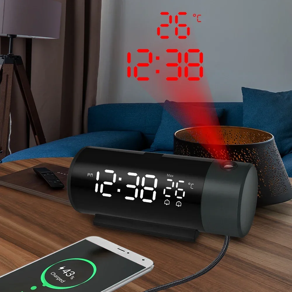 Часы Повтора Электронная Проекционная Температура С поворотом На 180 ° Настенная функция Цифровые Будильники Прикроватный столик В спальне