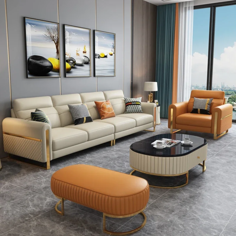 Кожаный диван, современная простая гостиная для небольшой квартиры, Высококачественный Прямой четырехместный Домашний декор из воловьей кожи первого слоя