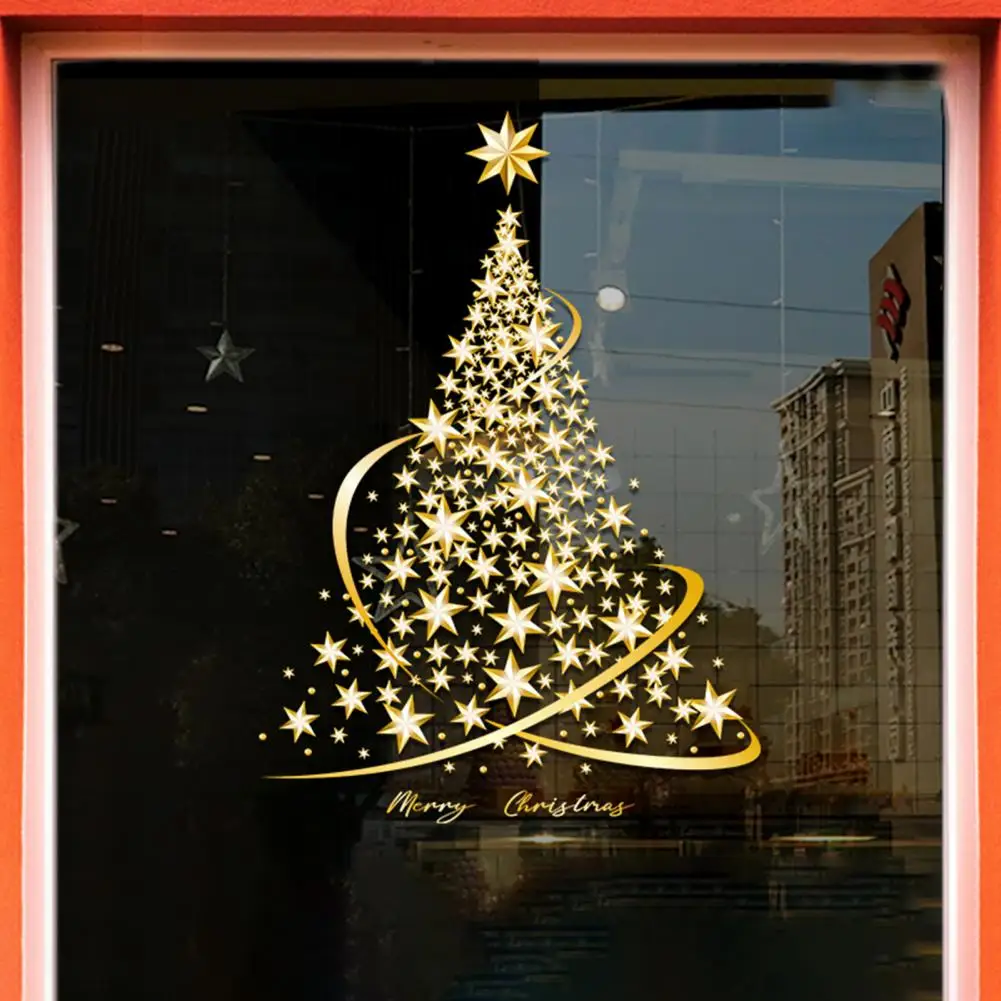 Наклейка на окно без клея, наклейка на окно в виде золотой рождественской елки, двустороннее многоразовое праздничное украшение для вечеринки с наклейкой на стекло.