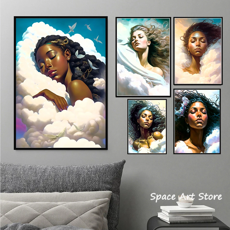 Плакат с черной девушкой Девушка в облаках Картина на холсте HD DAU Современная настенная художественная картина Гостиная Спальня Декоративная эстетика