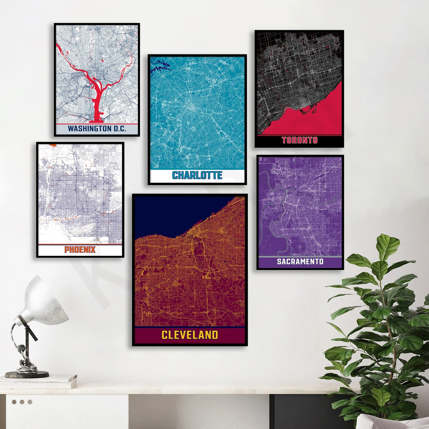 Кливленд Хьюстон Денвер Вашингтон Шарлотт Торонто Солт-Лейк-Сакраменто.Плакат с цветной картой города.