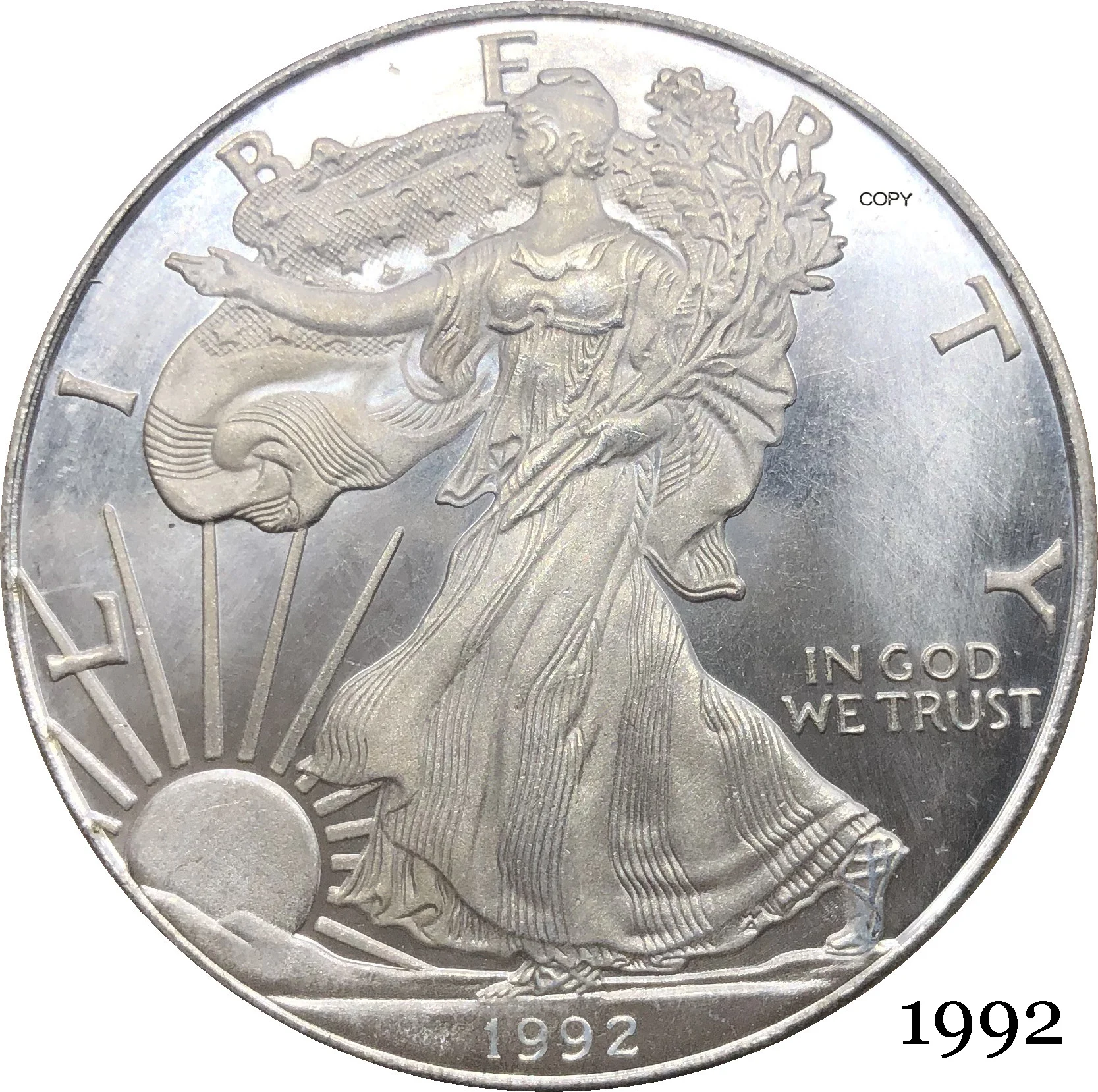 Соединенные Штаты Америки 1992 года, В Бога, Которому мы доверяем, 1 Унция Чистого Серебра В слитках Eagles, Посеребренная Копия Памятной монеты достоинством в Один Доллар