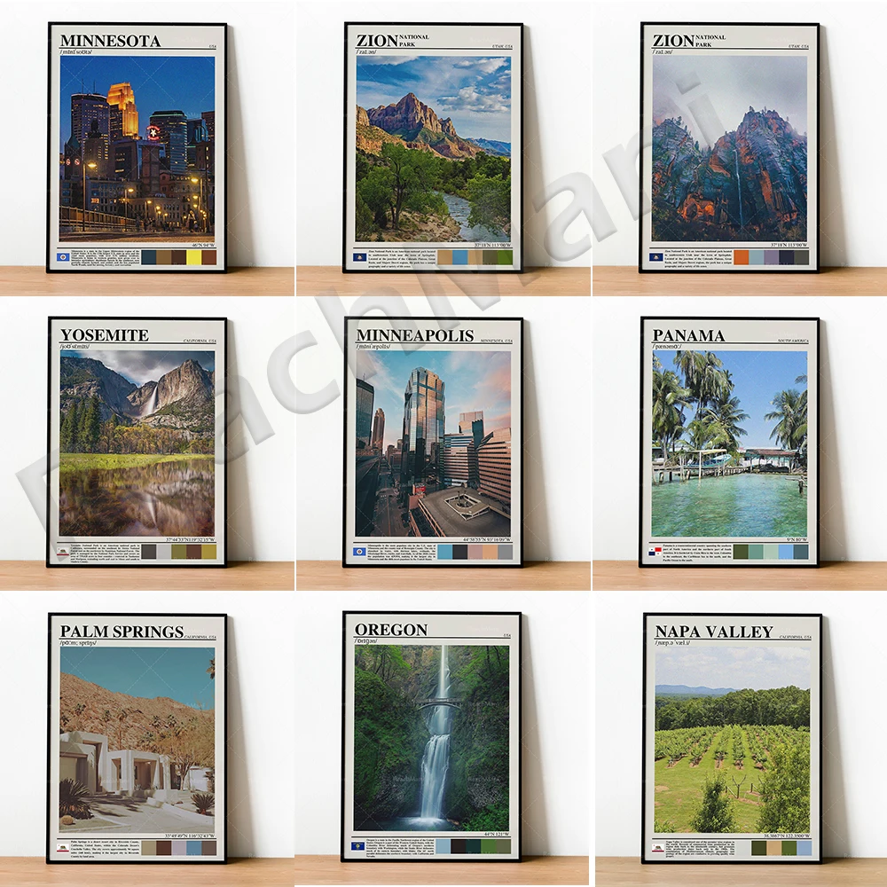 Туристический плакат о национальных парках Панамы, Напа-Вэлли, Калифорния, Палм-Спрингс, Калифорния, Орегона, Монреаля, Миннеаполиса, Миннесоты, Зайона, Йосемити