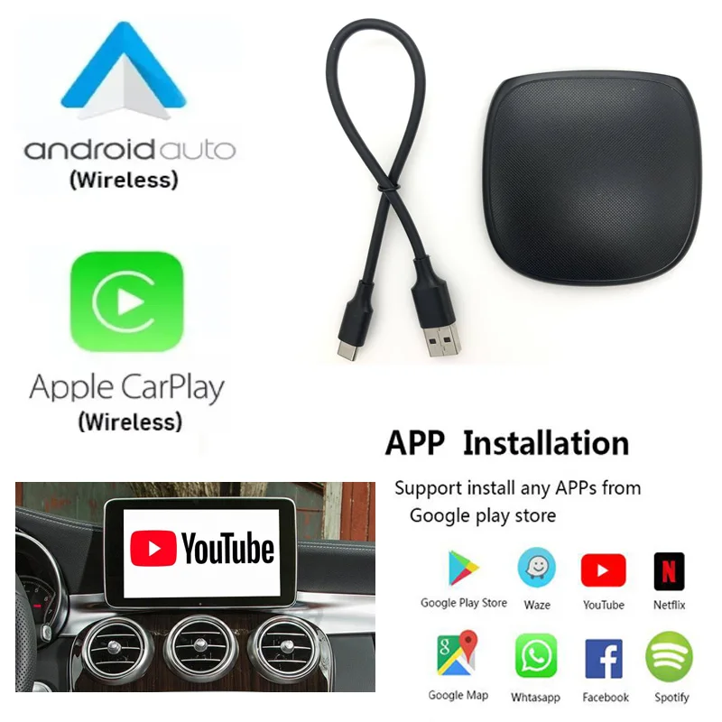 Автоматическая Развлекательная система Android Applepie Mini Wireless CarPlay Ai Box Qualcomm 4 + 64G Youtube Netfix Dual BT Wifi Подключи и играй