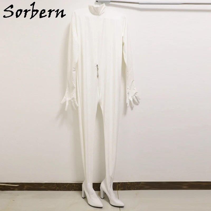 Sorbern Белый облегающий костюм с матовыми полосками Унисекс на высоком каблуке с острым носком, Длинные рукава с застежками-молниями на пальцах, изготовленный на заказ