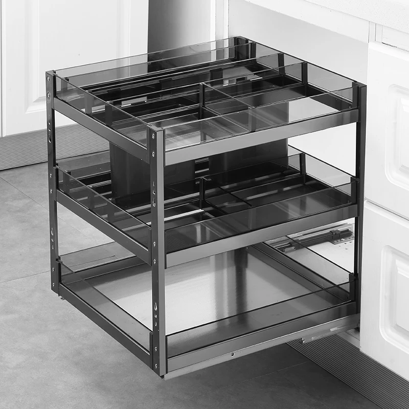 Кухонные шкафы: выдвижная корзина из нержавеющей стали, стеклянный ящик для хранения приправ, держатель ножа с амортизирующей рейкой для приправ