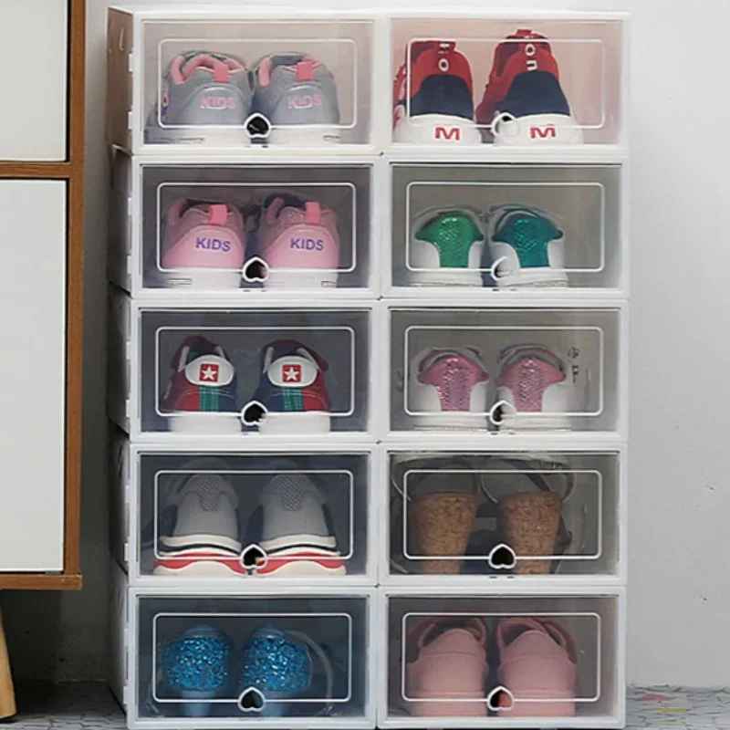 6 упаковок Прозрачная коробка для обуви Органайзеры для обуви Пластиковый Утолщенный Складной Пылезащитный ящик для хранения, Штабелируемый Комбинированный шкаф для обуви