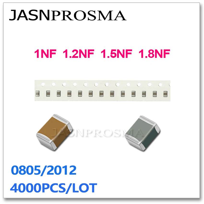 JASNPROSMA 4000PCS 0805 2012 X7R RoHS 10% 1NF 1.2NF 1.5NF 1.8NF 102 122 152 182 Высококачественный Конденсатор 50V K SMD