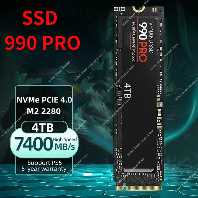 SSD Твердотельный Накопитель 4 ТБ 2 ТБ 1 ТБ 990 PRO M.2 2280 SSD PCIe4.0 NVMe Игровой Внутренний Жесткий диск 7450 МБ/с. Для настольного ноутбука PS5