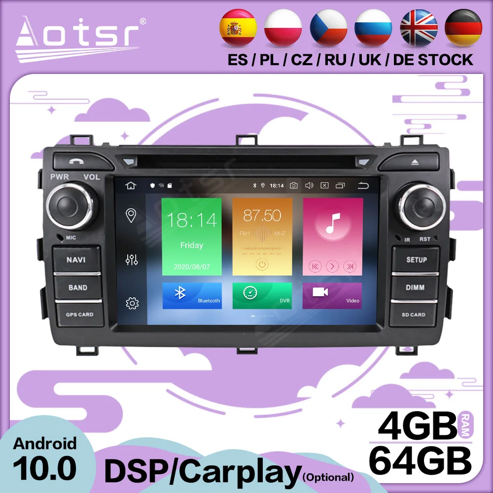 Carplay Мультимедиа Авто Стерео Android 10 Плеер Для Toyota Auris 2013 2014 2015 GPS Навигация Радио Видеоприемник Головное Устройство