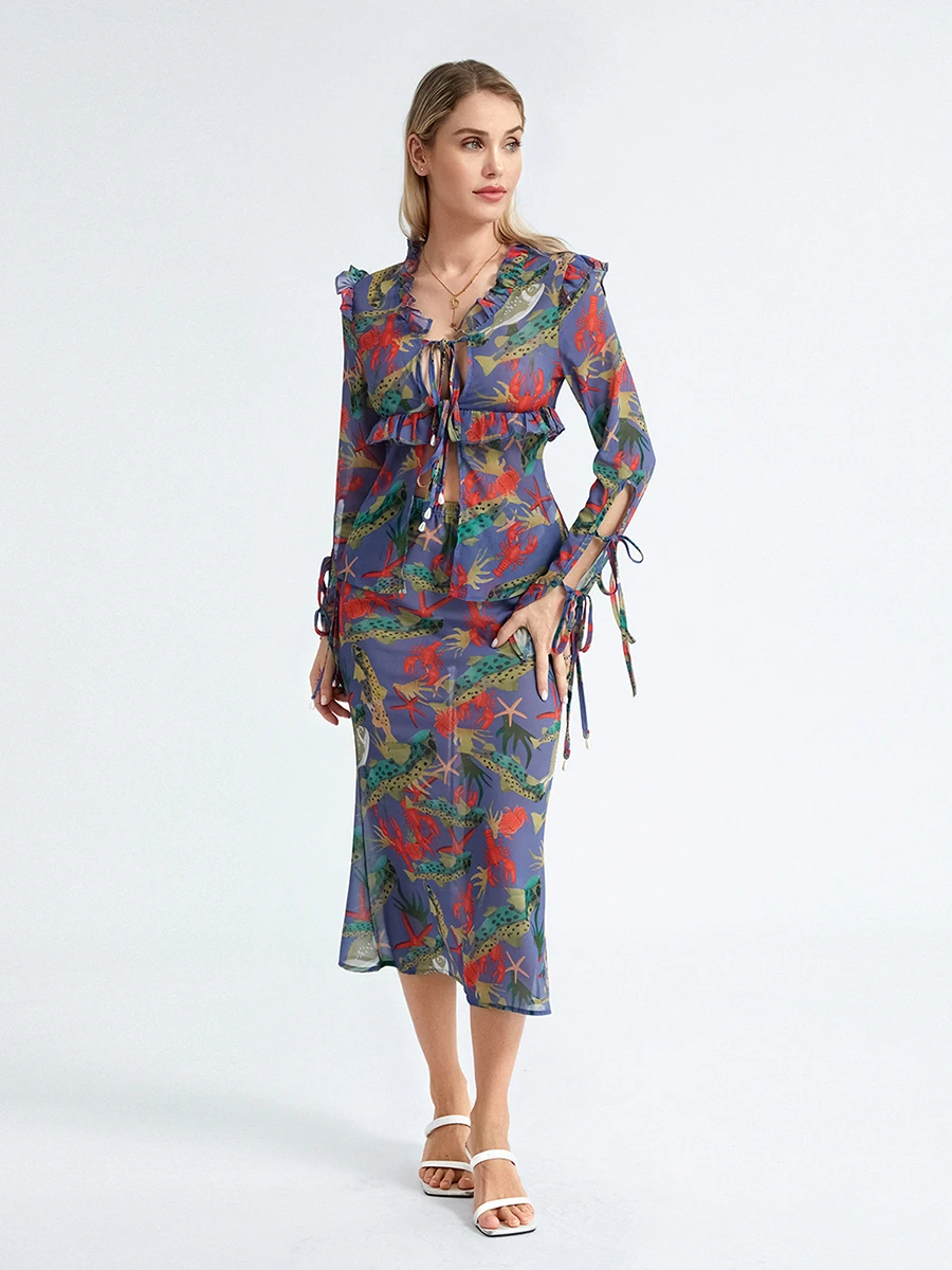 Женская весенне-летняя одежда из 2 предметов, однотонные топы с цветочным принтом и открытой передней частью, миди, облегающая юбка, комплект