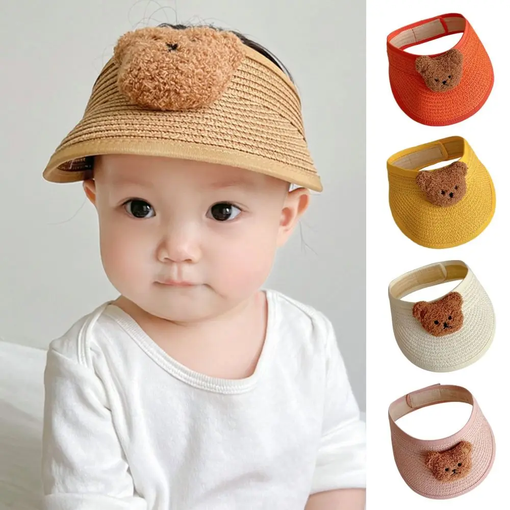 Милые детские соломенные шляпы с мультяшным мишкой, летняя детская солнцезащитная шляпа, уличные кепки с регулируемым козырьком для мальчиков и девочек