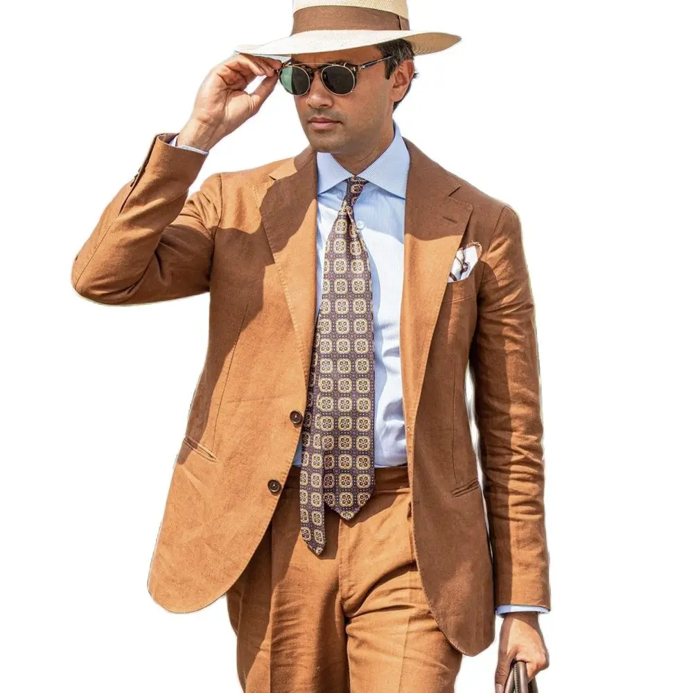 Летние льняные мужские костюмы, комплект из 2 предметов, сшитый на заказ Красивый блейзер на двух пуговицах, уличная одежда в английском стиле, повседневная куртка, брюки