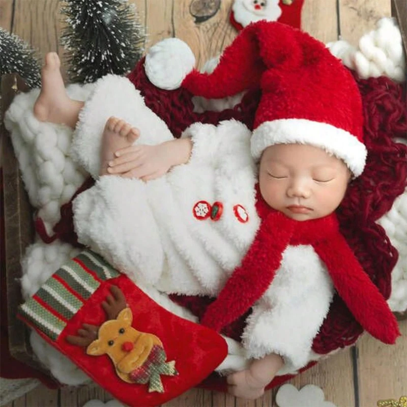 Рождественская детская одежда для фотосъемки, комбинезон и шапочка Санта-Клауса, шейный платок, костюм для фотосъемки новорожденных, одежда для детских праздников и вечеринок, аксессуары