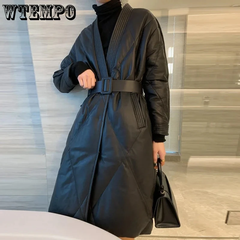 WTEMPO, Новые осенне-зимние модные хлопковые куртки из искусственной кожи, женские повседневные черные теплые стеганые пальто средней длины с поясом Оптом