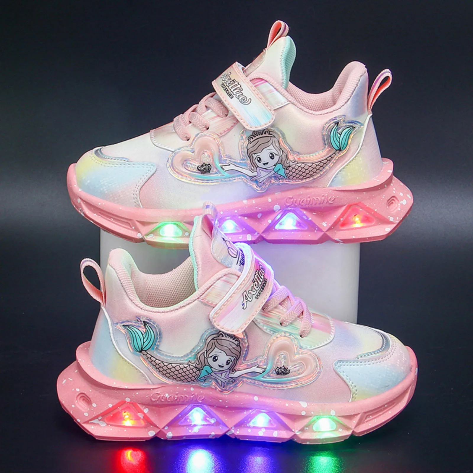 Детские кроссовки для девочек со светодиодной подсветкой, повседневная обувь с принтом принцессы-русалки Эльзы, детские нескользящие розово-фиолетовые кроссовки на толстой подошве