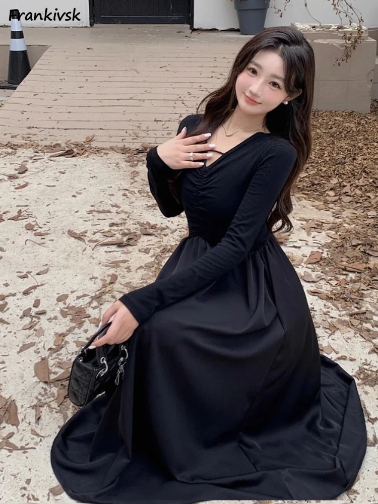 Платья трапециевидной формы, женский V-образный вырез, длинный рукав, уличная одежда в корейском стиле в стиле ретро, длина по щиколотку, Весна-осень, Элегантная офисная леди, Простые Ins