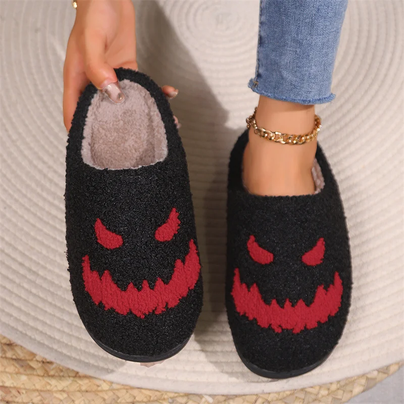 Плюшевые тапочки IPPEUM на Хэллоуин, черная зимняя домашняя обувь, домашние балетки, теплые Пушистые тапочки для женщин