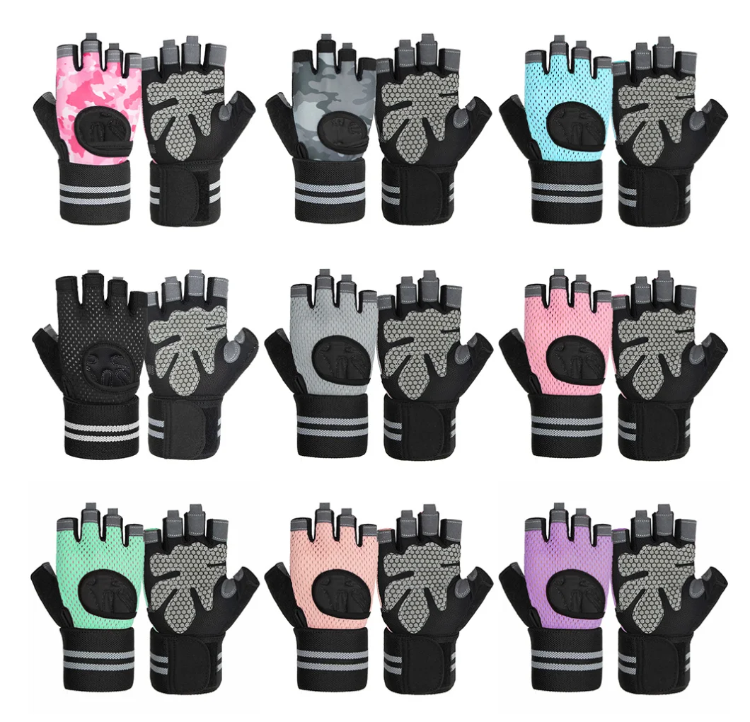 Тренировочные перчатки без пальцев для мужчин и женщин, перчатки для поднятия тяжестей с обертыванием запястий, поддержка для тренировок в тренажерном зале, полная защита ладоней