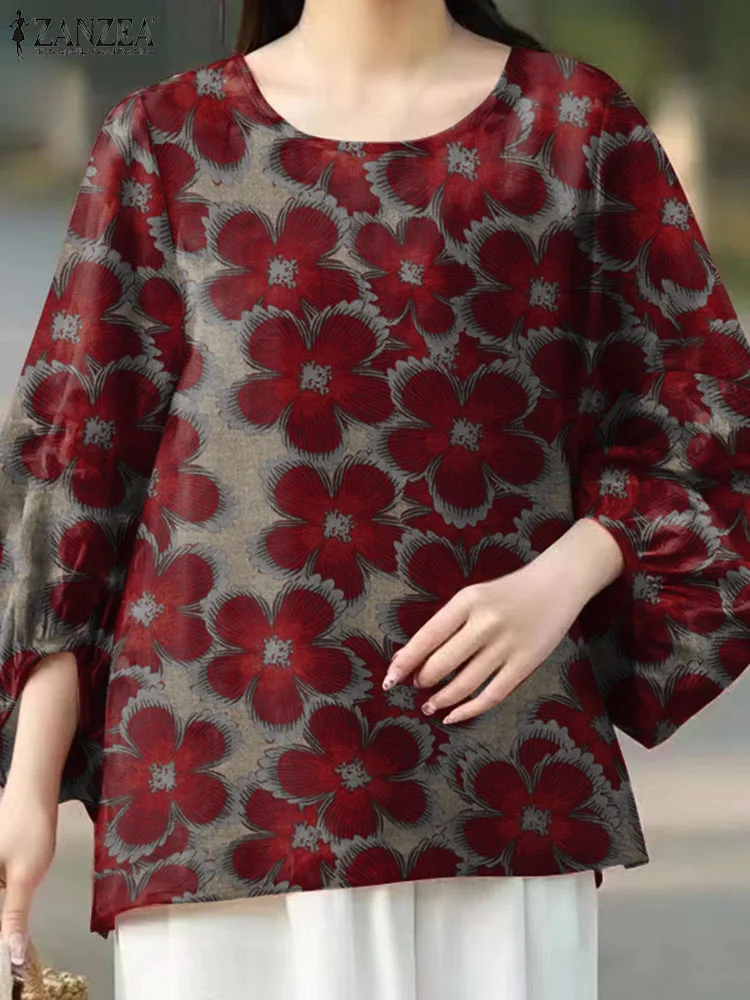2023 ZANZEA Винтажная женская блузка с цветочным принтом, Осенняя Туника, топы, богемная Свободная праздничная рубашка с рукавом-фонариком, повседневные блузы