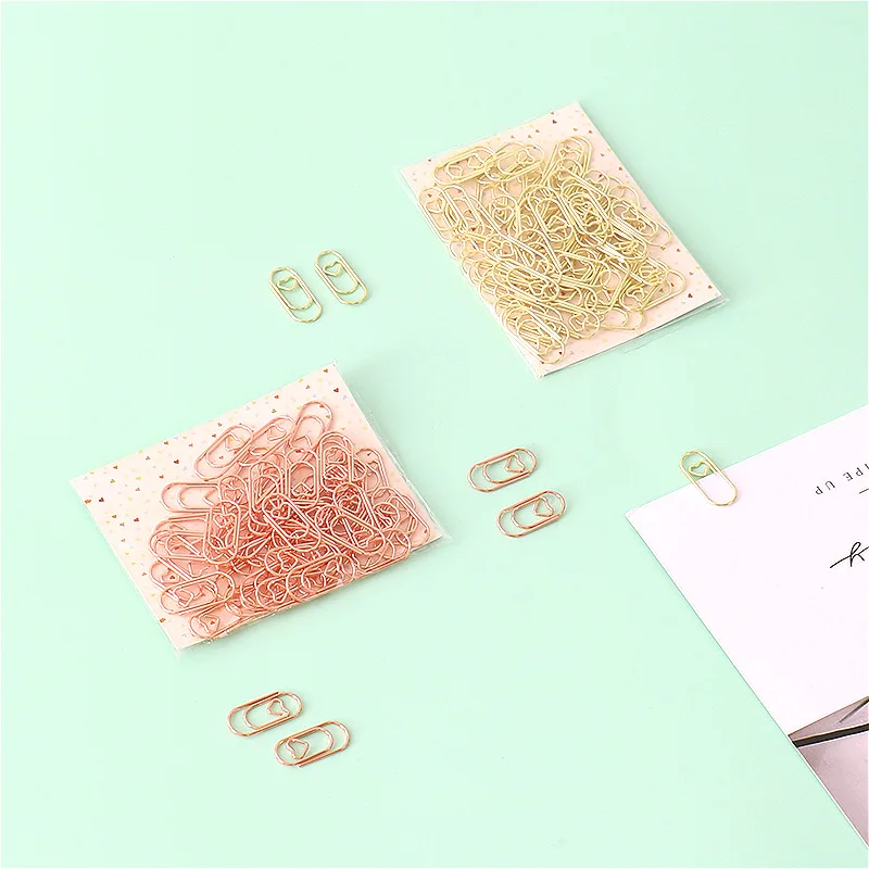 50 шт. /пакет Зажим-закладка Mini Heart Gold цвета розового золота, металлические скрепки для бумаг