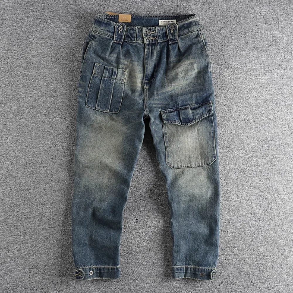 Синие выстиранные джинсы-карго в винтажном стиле для мужчин с широкими штанинами