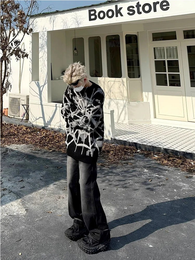 Мужская винтажная уличная одежда с рисунком Паука, пуловер в готической эстетике, Топ крупной вязки Унисекс, Повседневный свитер 2023 года.