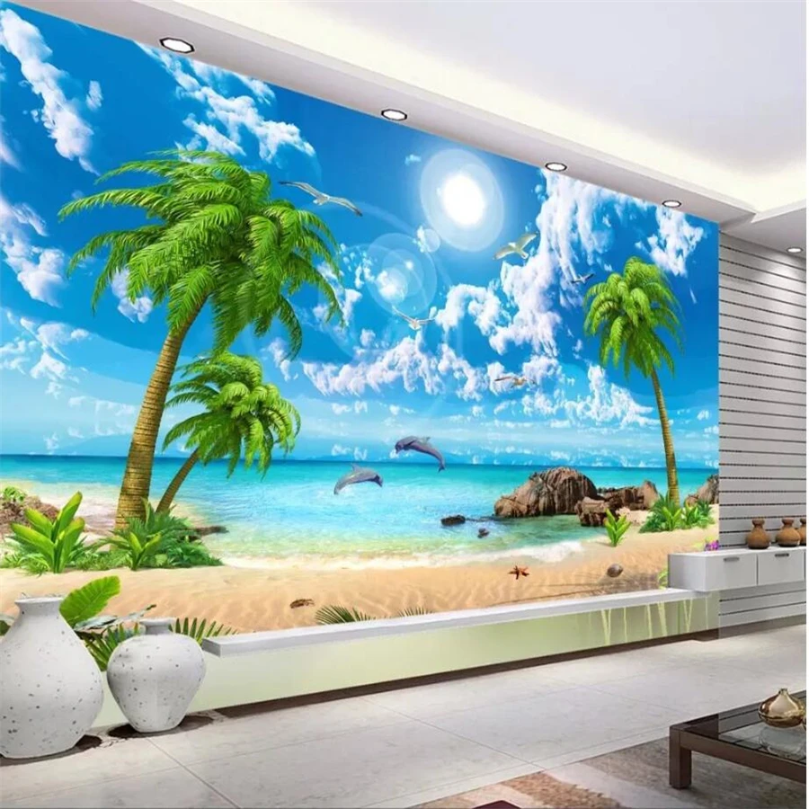 wellyu Пользовательские фресковые обои 3D mural обои красивый фантастический вид на море кокосовые пальмы пляжный пейзаж диван фон обои