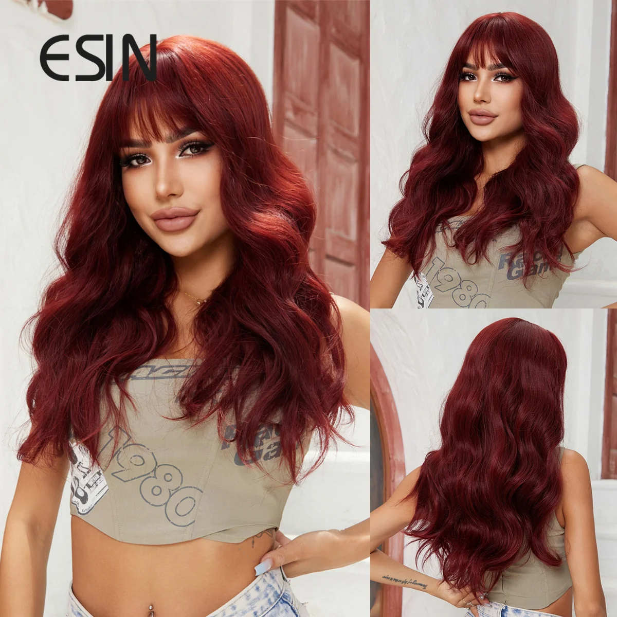 ESIN Темно-красные прямые парики для женщин Длинные синтетические парики с челкой из натуральных волос для косплея из термостойкого волокна