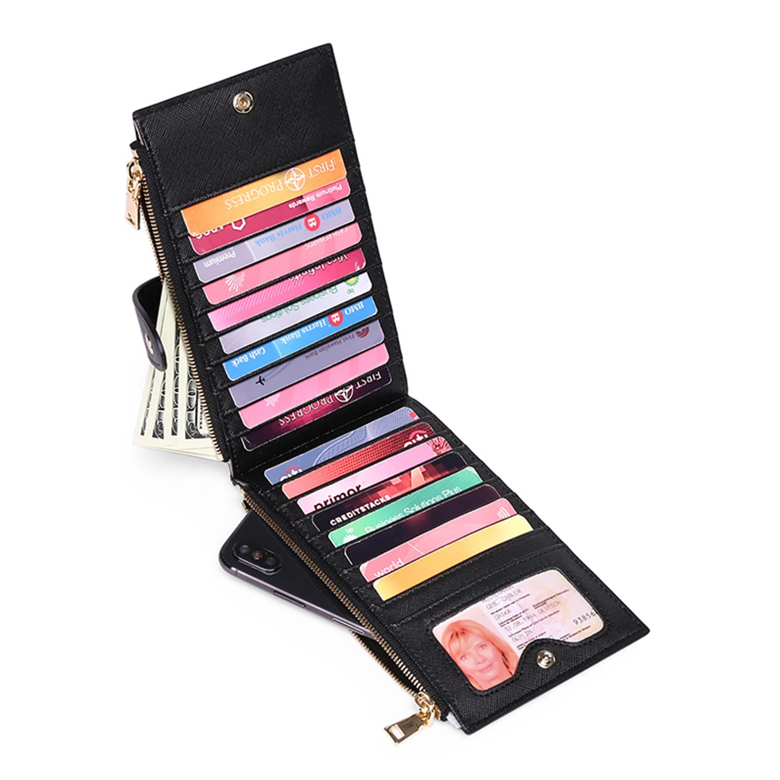 Женский кожаный бумажник с RFID-блокировкой, Органайзер для нескольких карт с карманом для мобильного телефона на молнии