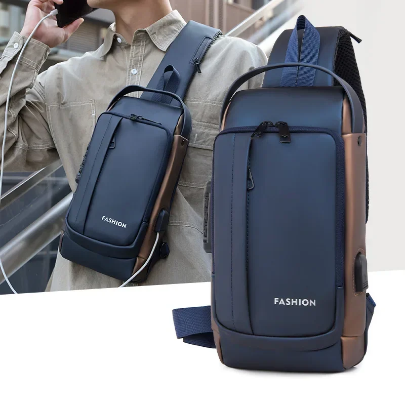 Водонепроницаемая повседневная нагрудная сумка с USB-зарядкой, мужская многофункциональная противоугонная сумка через плечо, дорожная нагрудная сумка из лакированной кожи, мужская сумка