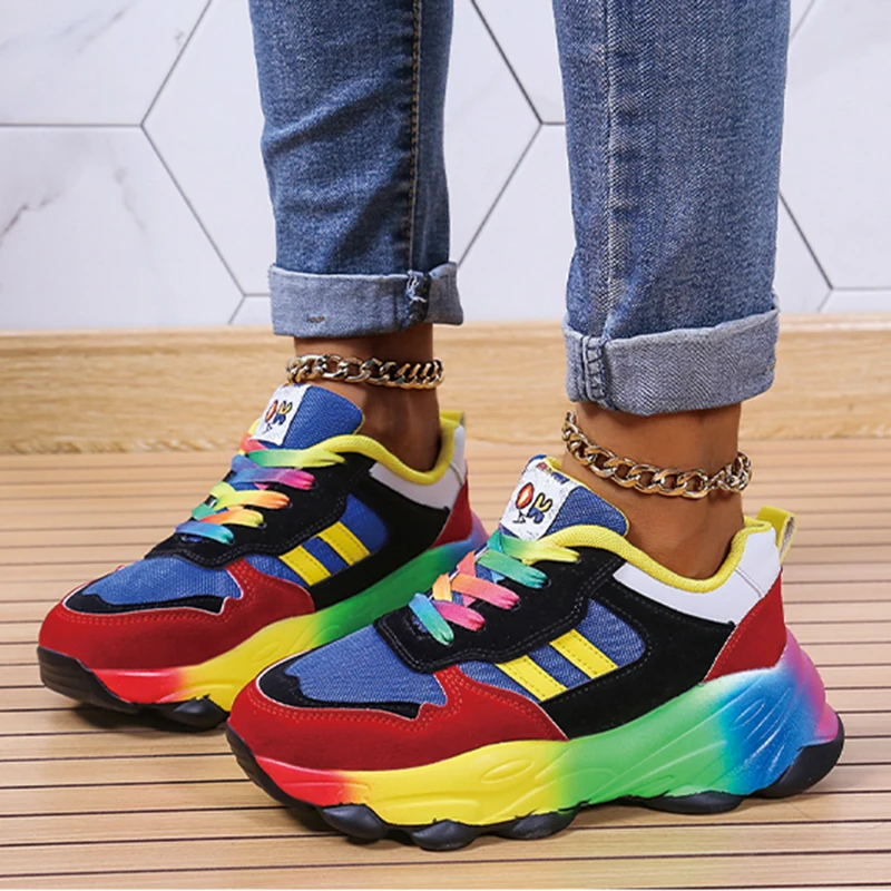 Женская повседневная уличная обувь на платформе, Красочный дизайн, Дышащие кроссовки для бега, Удобная Легкая спортивная обувь для ходьбы на шнуровке, женская